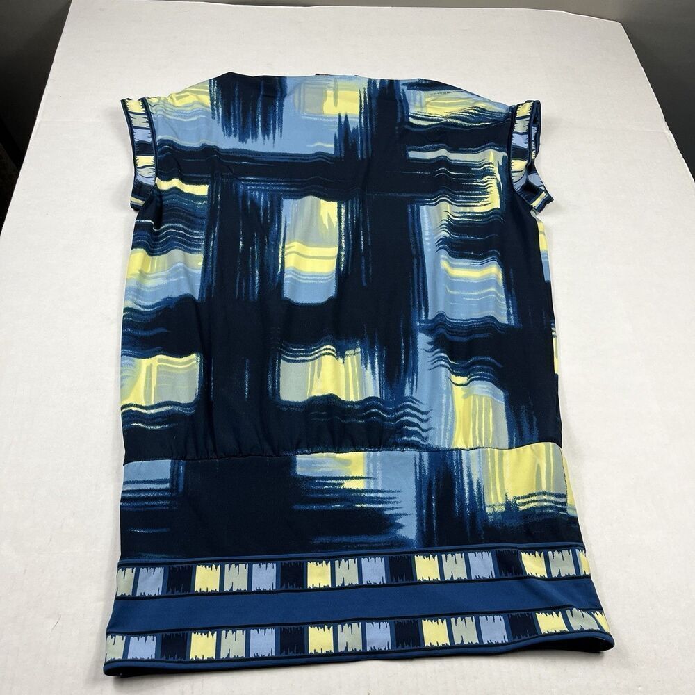BCBGMaxAzria Blue Yellow Abstract Print Sheath Dress M Artsy Mod Sleek Casual - Picture 9 of 10